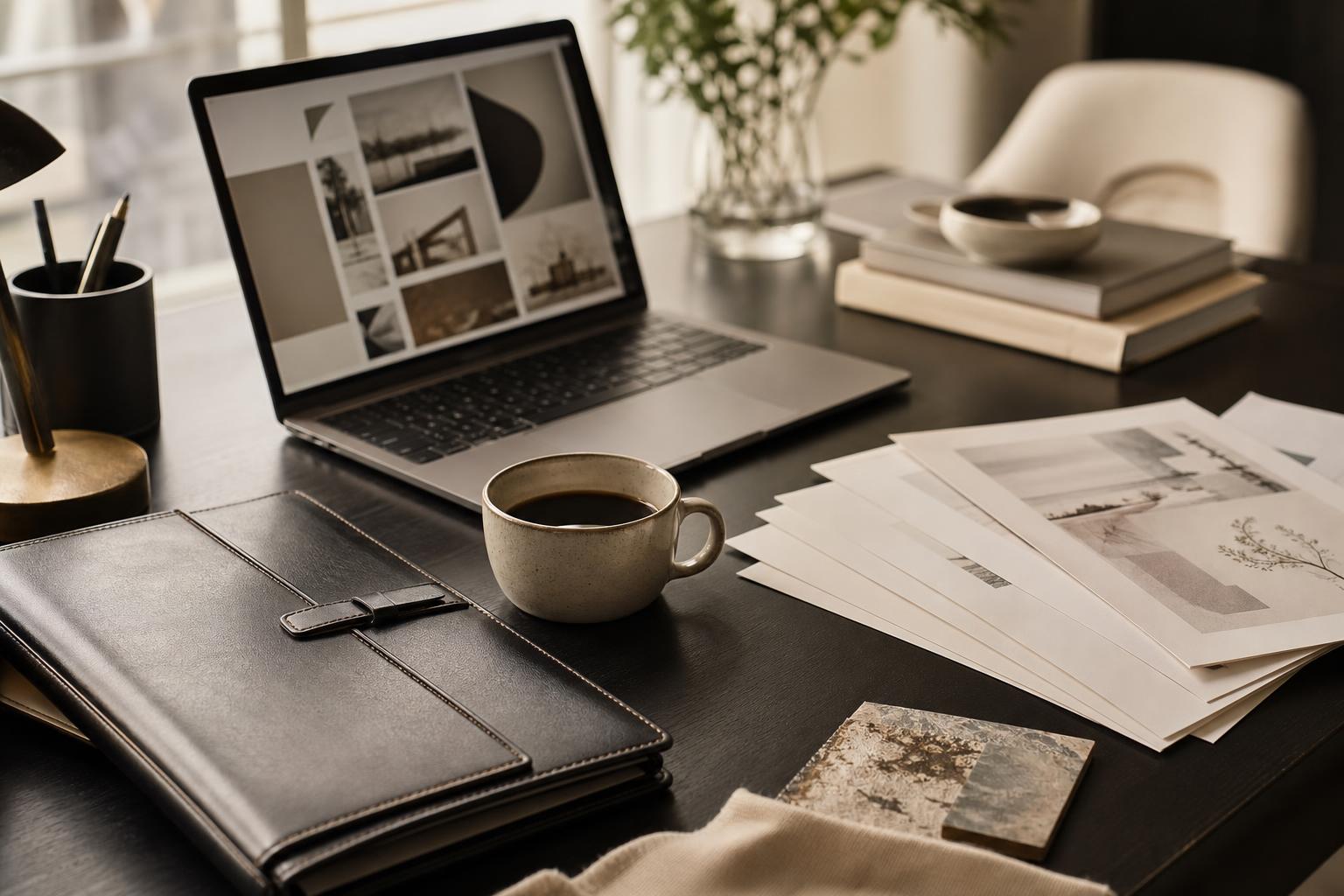 Editorial workspace scene depicting a marketing leader evaluating GEO agency proposals